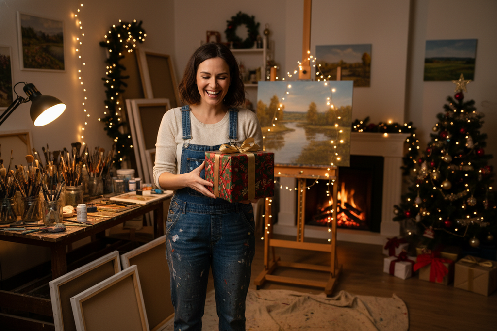 please make an image with an artist getting a christmas gift